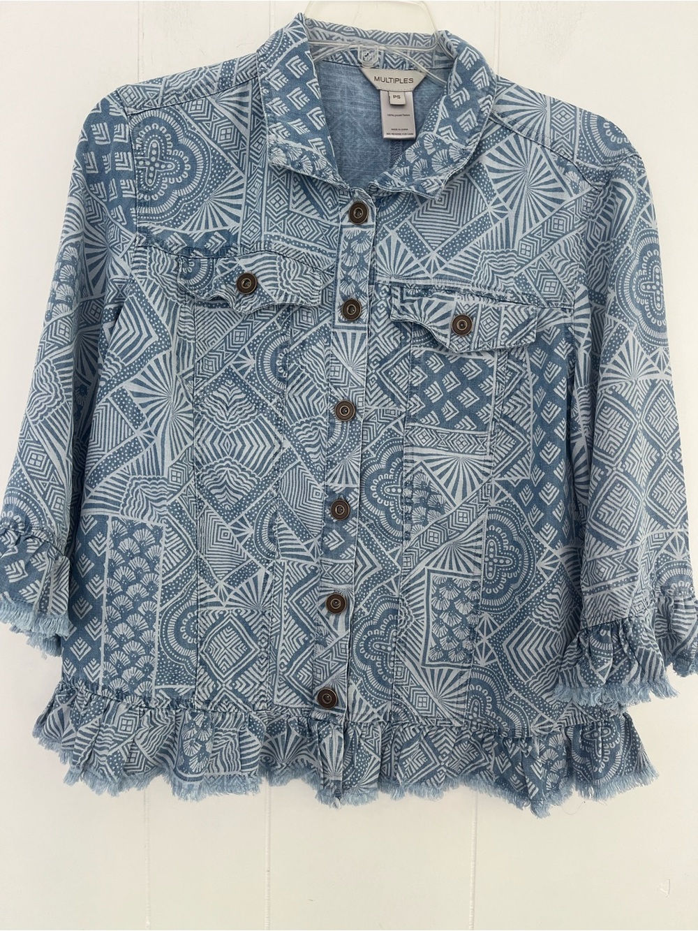 Multiples Peplum Button Up Top Blue 100% Lyocell 3/4 Bell Sleeve Pockets PSmall